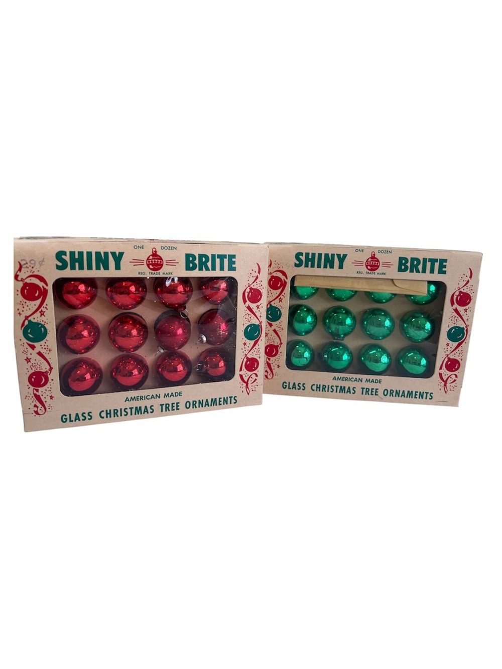 2 Boxes Vintage Shiny Brite Mini Mercury Glass Feather Tree Ornaments 1" Red Grn